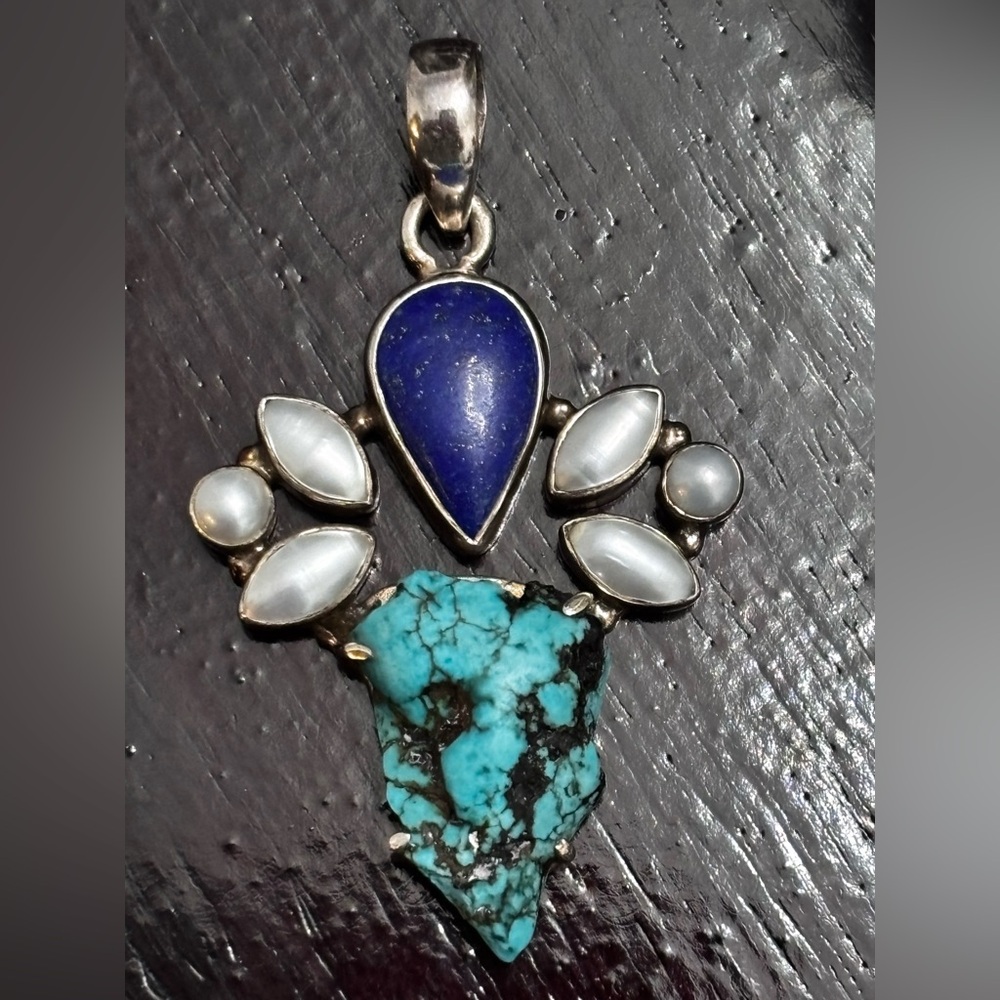Sterling silver lapis turquoise and pearl large pendant